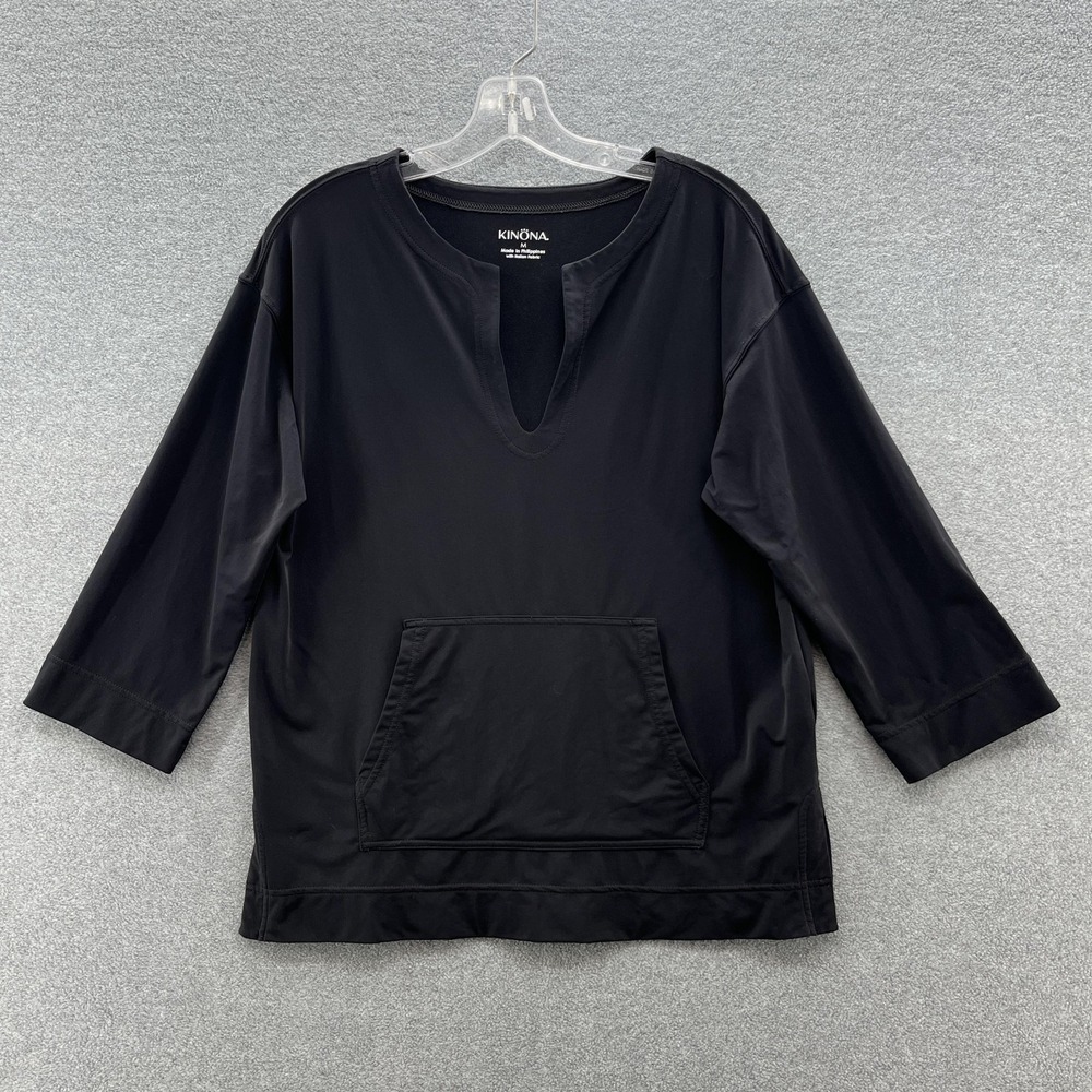 Kinona Top Womens Medium Black V Neck 3/4 Sleeve Kangaroo Pocket Golf Pullover